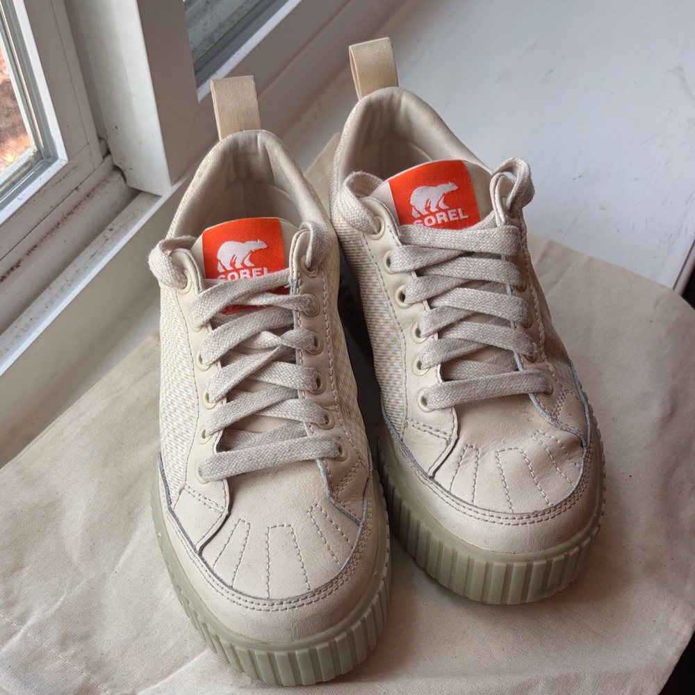 Sorel Beige Canvas Platform Sneakers with Orange Logo